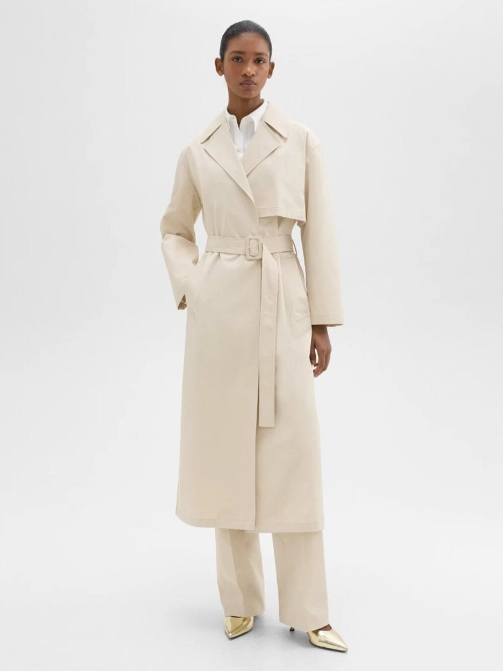 THEORY Wrap Trench Coat Organic Cotton Sand Maxi Size XL NWT